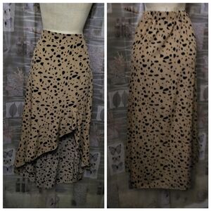 Shein Tannish Brown Black Leopard Print Asymmetric Ruffle Hem Midi Skirt Large